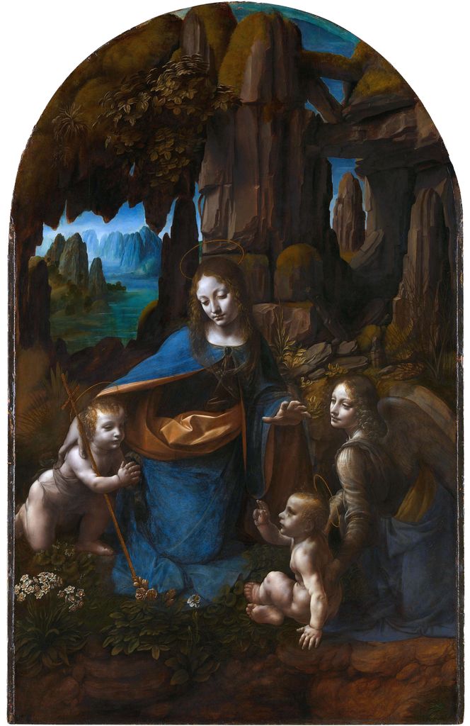 Leonardo's Virgin of the Rocks with softly modelled figures emerging from a dark grotto.