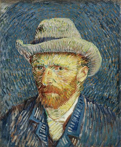 Van Gogh self-portrait modelled with directional separated dashes of blue, orange and green.