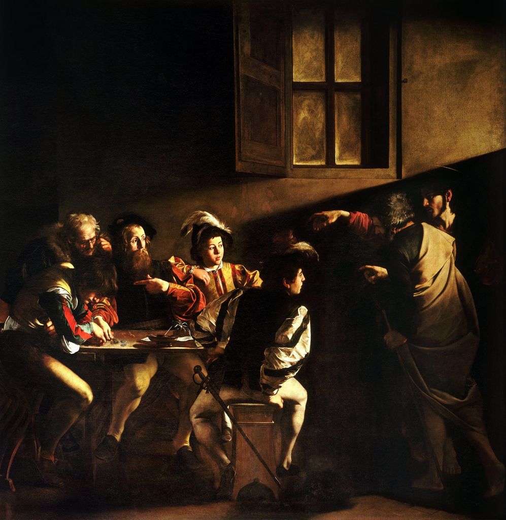 Caravaggio's Calling of Saint Matthew with a diagonal beam entering a dark room.